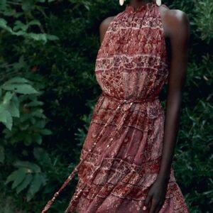 NWT Zara Abstract Metallic Floral Patchwork Tie Belt Halter Dress In Pink - S